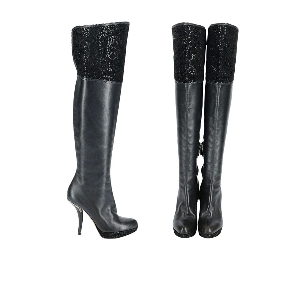 Christian Dior Black Leather Thigh High Platform Stiletto Boots EU 39 US 9